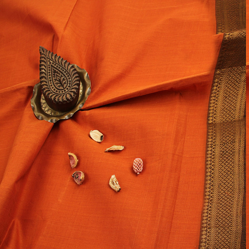 Mangalgiri Orange Natural Dyed Nizam Border Cotton Fabric