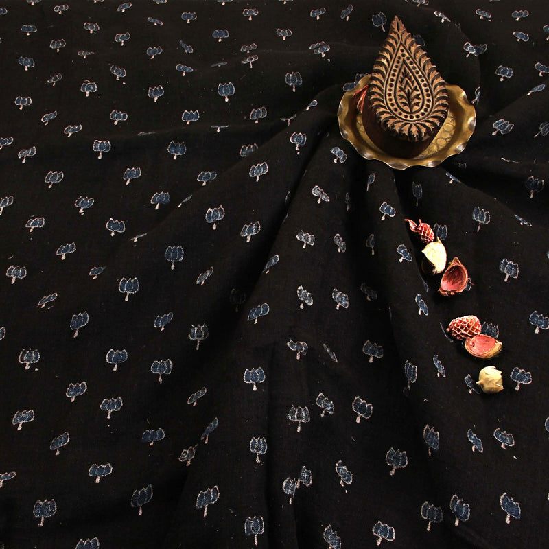Black & Indigo Lotus Linen Ajrakh Fabric