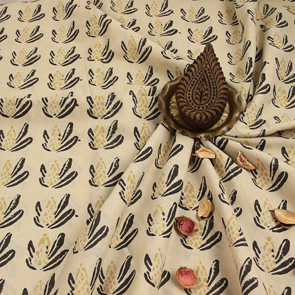 Ajrakh Beige Corn Hand Block Printed Cotton Fabric