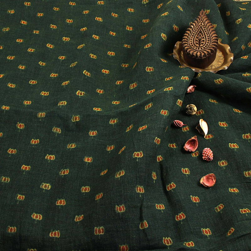Green & Red Lotus Linen Ajrakh Fabric