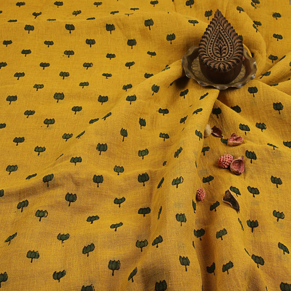 Yellow  & Green  Lotus Linen Ajrakh Fabric