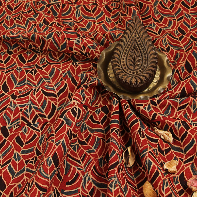 Indigo Leaves Jaal Ajrakh Hand Block Printed Cotton Fabric