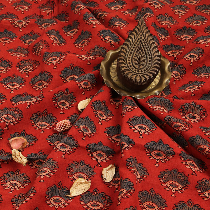 Red Ajrakh Taaj Butti Hand Block Printed Cotton Fabric