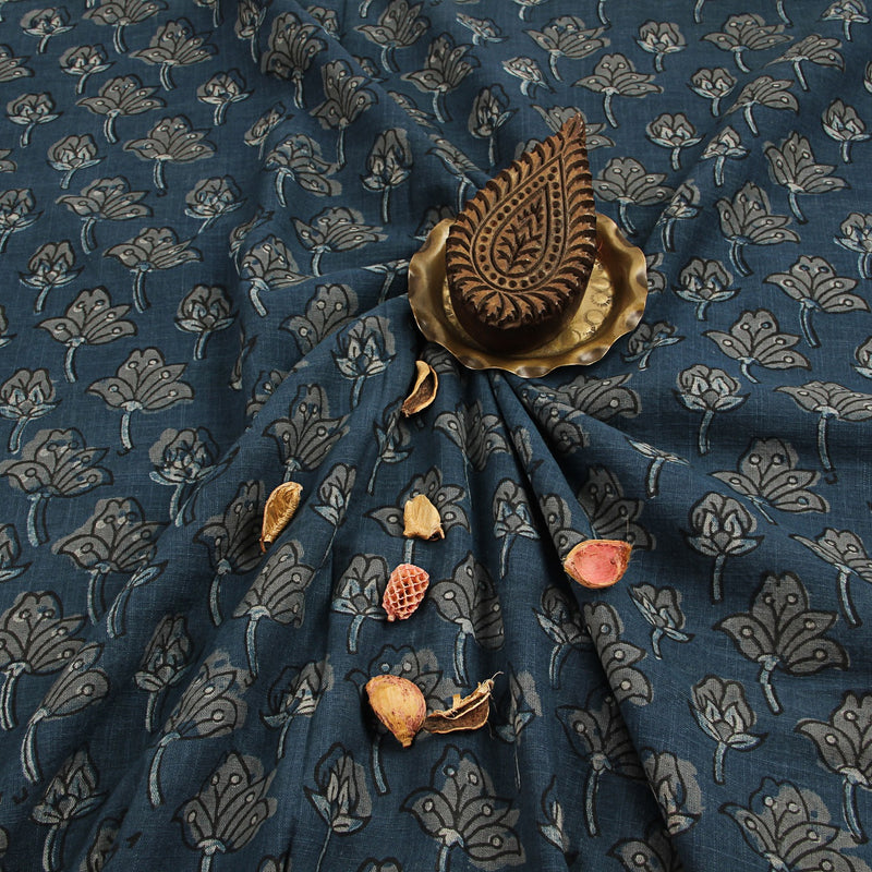 Grey Lily Dabu  Hand Block Printed Slub Cotton Fabric