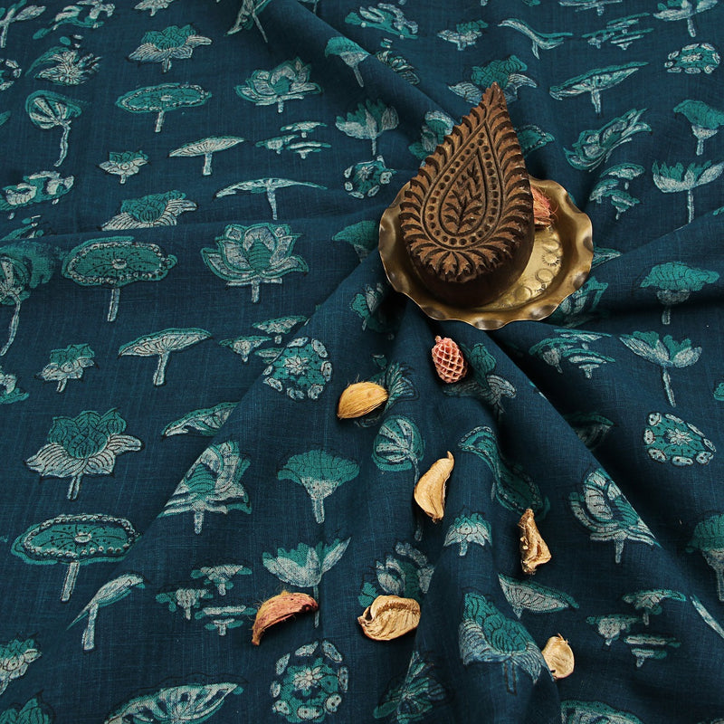 Teal Mushroom Floral Butti Dabu Hand Block Printed Slub Cotton Fabric