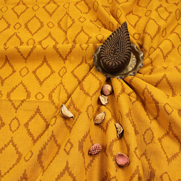 Yellow Diamond Dabu Hand Block Printed Slub Cotton Fabric