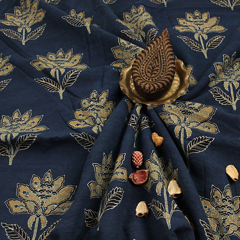 Indigo Floral Ajrakh Hand Block Printed Cotton Fabric