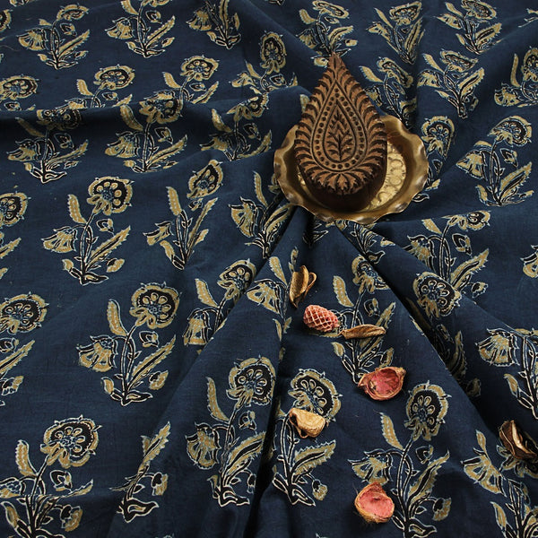 Indigo Pansy Floral Ajrakh Hand Block Printed Cotton Fabric
