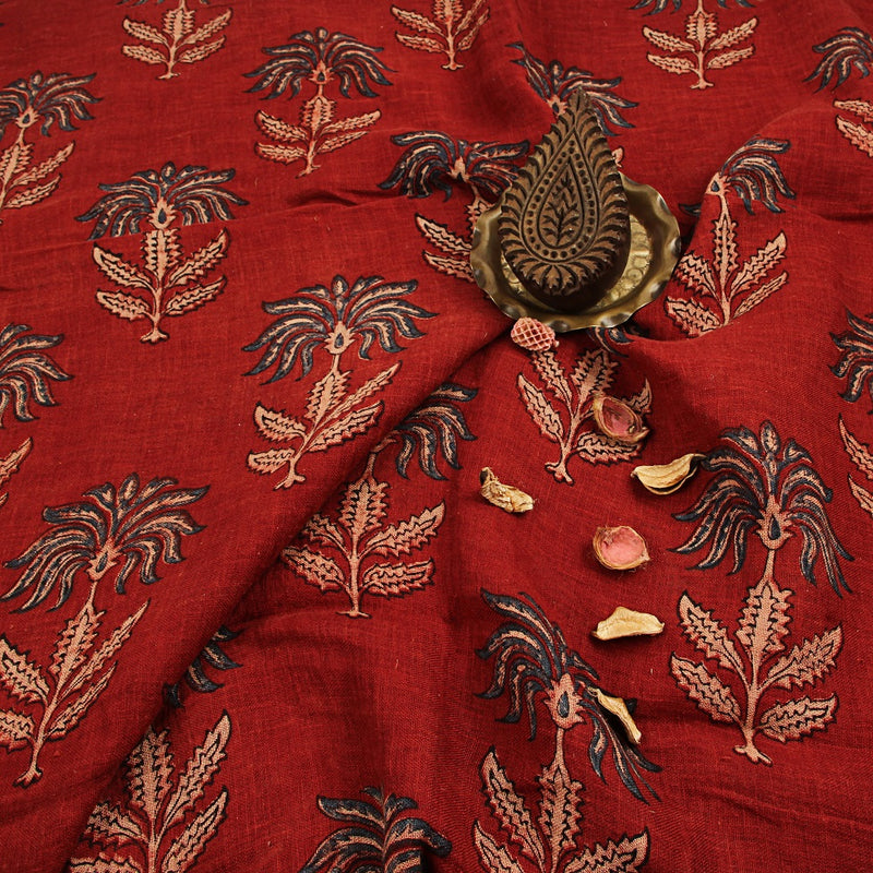 Red & Indigo Butta Ajrakh Hand Block Printed Linen Fabric