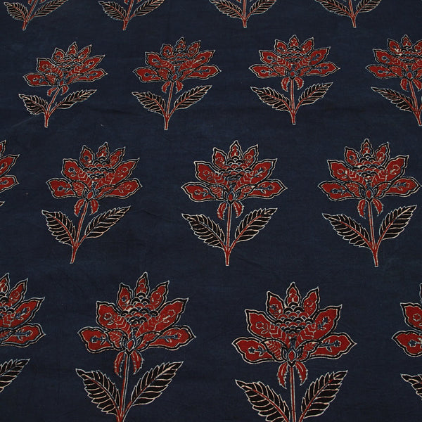Indigo Madder Floral Ajrakh Hand Block Printed Cotton Fabric