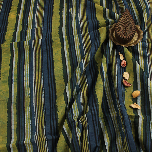 Indigo Green Stripes Jahota Hand Block Printed Cotton Fabric