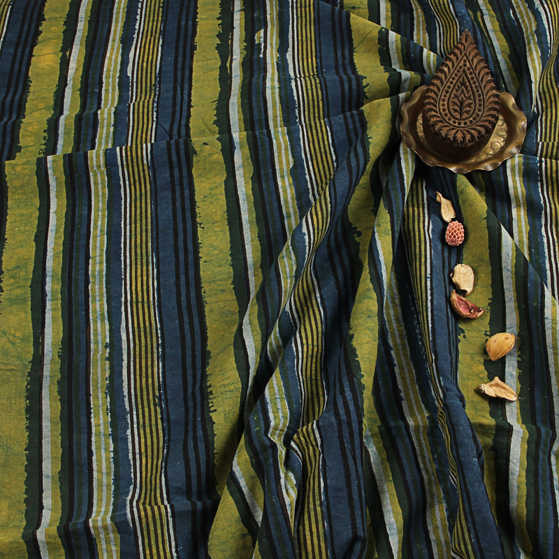 Indigo Green Stripes Jahota Hand Block Printed Cotton Fabric – THE ...