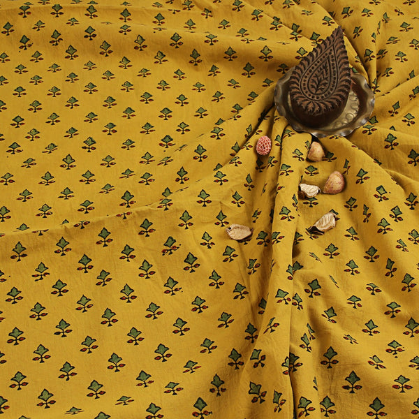 Yellow Diamond Floral Ajrakh Hand Block Printed Cotton Fabric