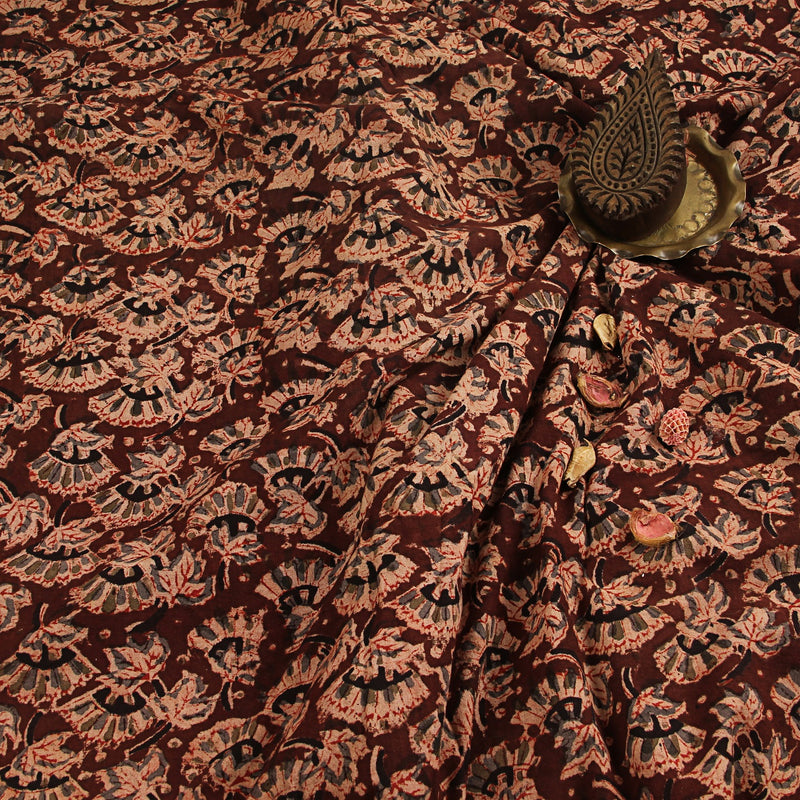 Brown Aster Floral Kalamkari Hand Block Printed Cotton Fabric