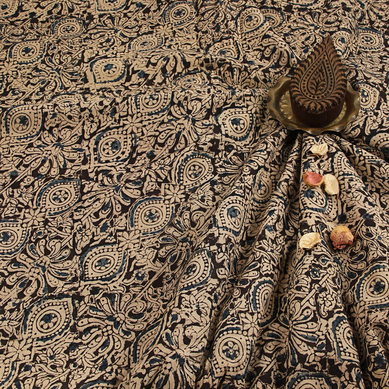 Indigo Black Floral Chain Kalamkari Hand Block Printed Cotton Fabric
