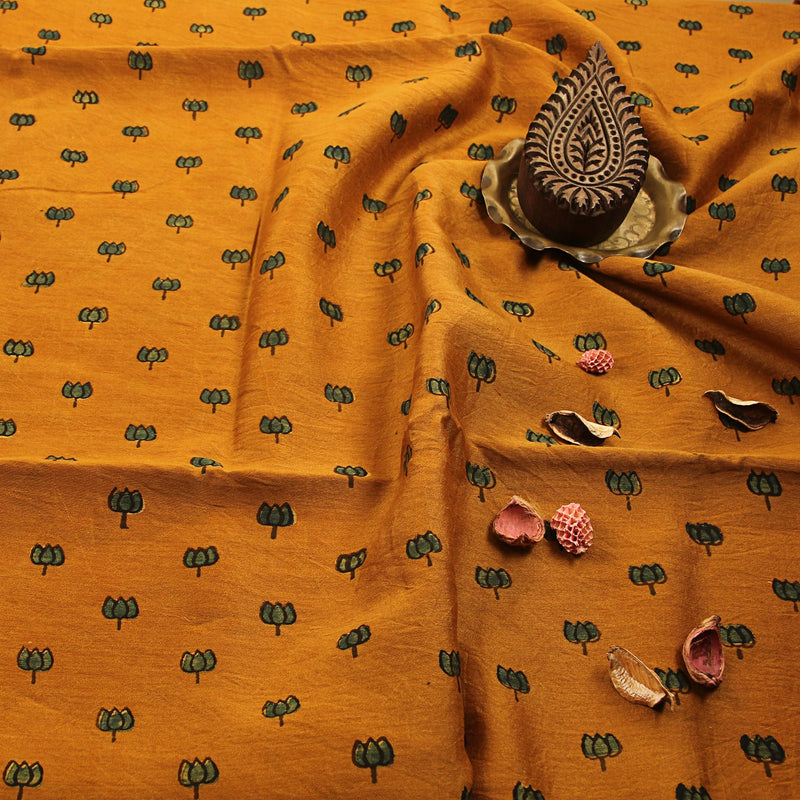 Mustard & Green kamal Butti Ajrakh Chanderi Silk Fabric