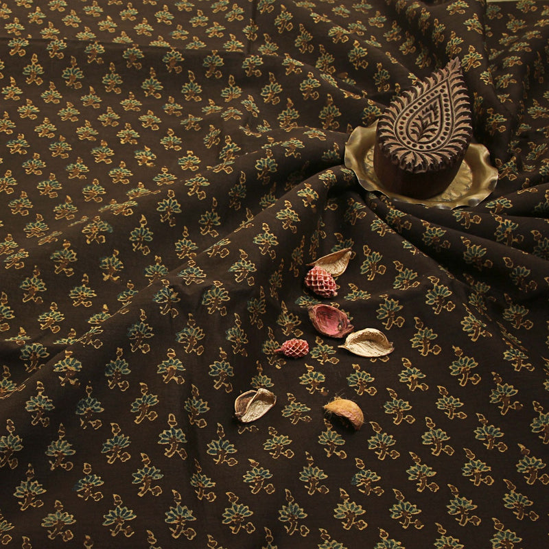 Dusky Brown & Indigo Small Floral Butti Ajrakh Chanderi Silk Fabric