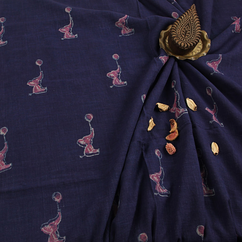 Pink Elephant Dabu Hand Block Printed Slub Cotton Fabric