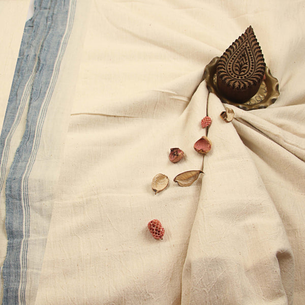 Indigo Border White Handwoven Kala Cotton Fabric