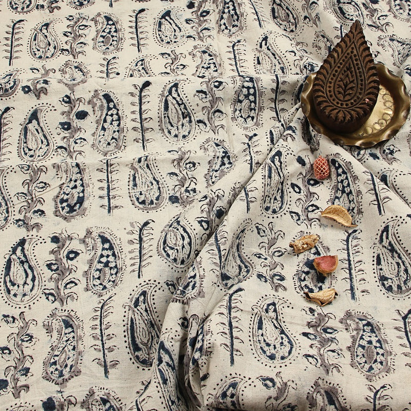 White Paisley Jaal Kalamkari Hand Block Printed Cotton Fabric