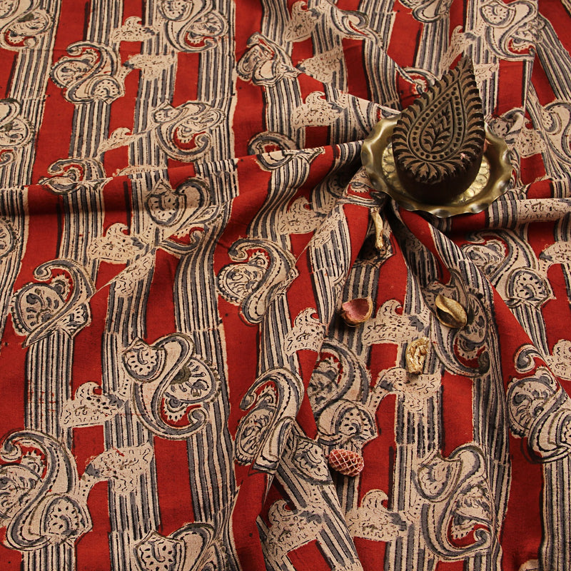 Red Grey Paisley Jaal Kalamkari Hand Block Printed Cotton Fabric