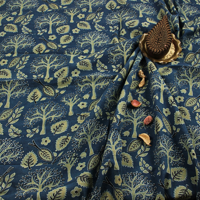 Indigo Tree Leaf Ajrakh Hand Block Printed Cotton Fabric