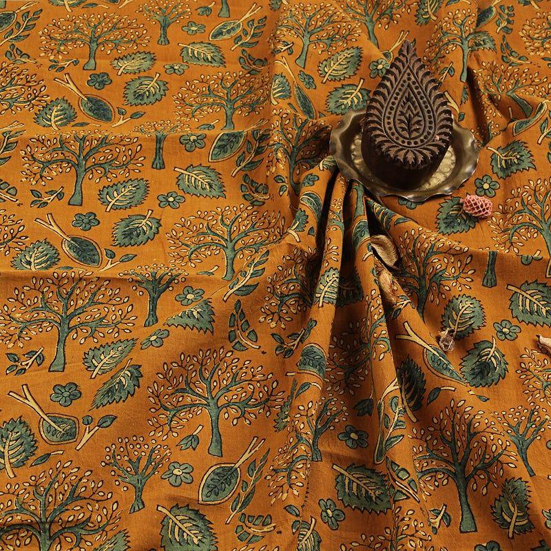 Orange Tree Leaf Ajrakh Hand Block Printed Cotton Fabric