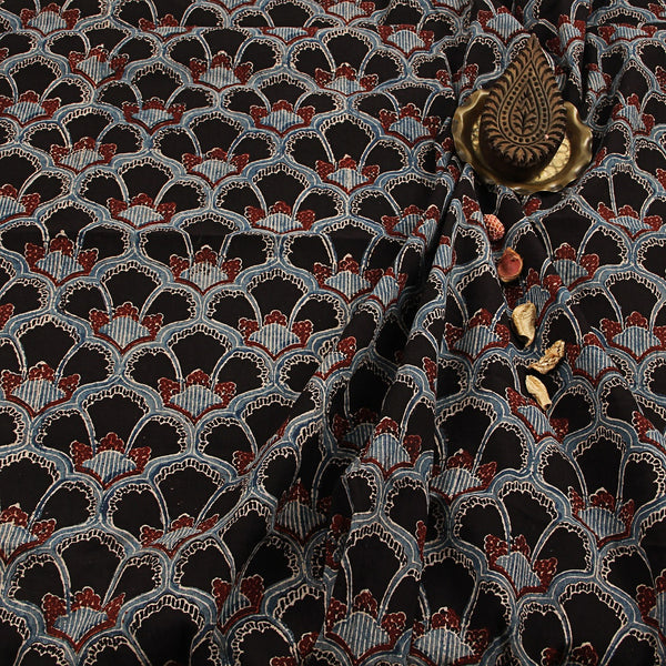 Black Floral Ajrakh Hand Block Printed Cotton Fabric