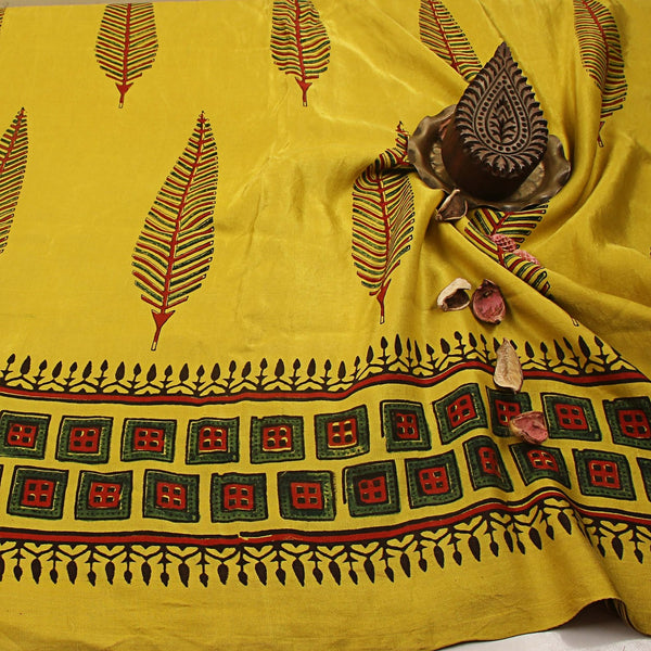 Yellow Leaf Ajrakh Gajji Silk Natural Dyed Block Print Fabric