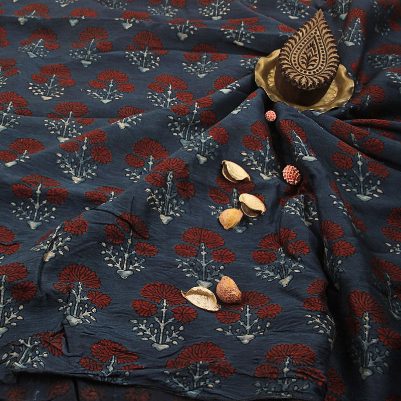 Indigo Dahlia Ajrakh Chanderi Silk Fabric