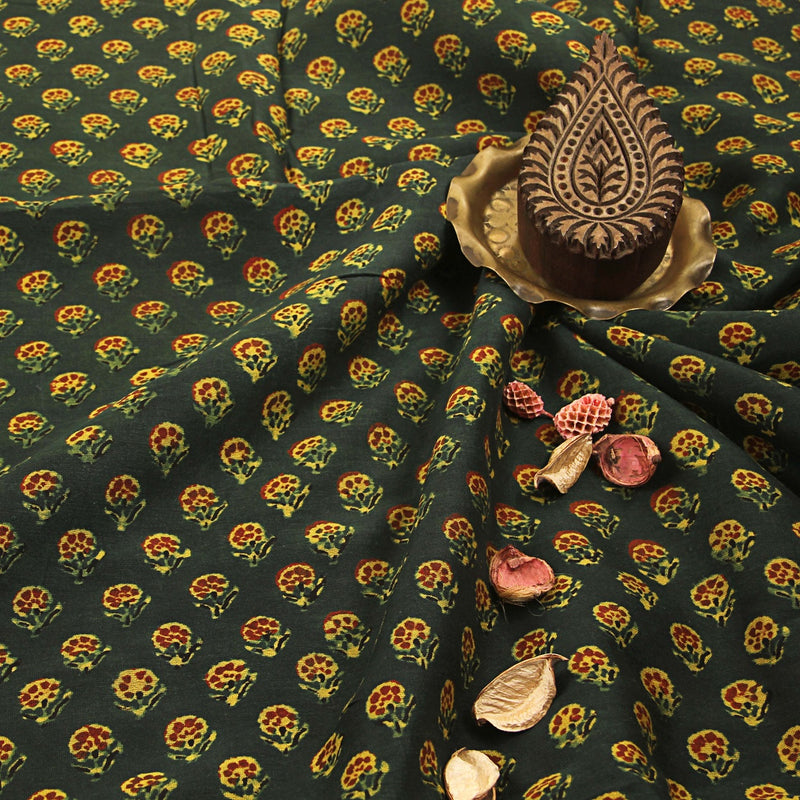 Green Floral Butti Ajrakh Chanderi Silk Fabric