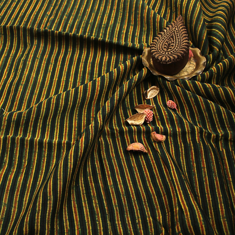 Green Stripes Ajrakh Chanderi Silk Fabric