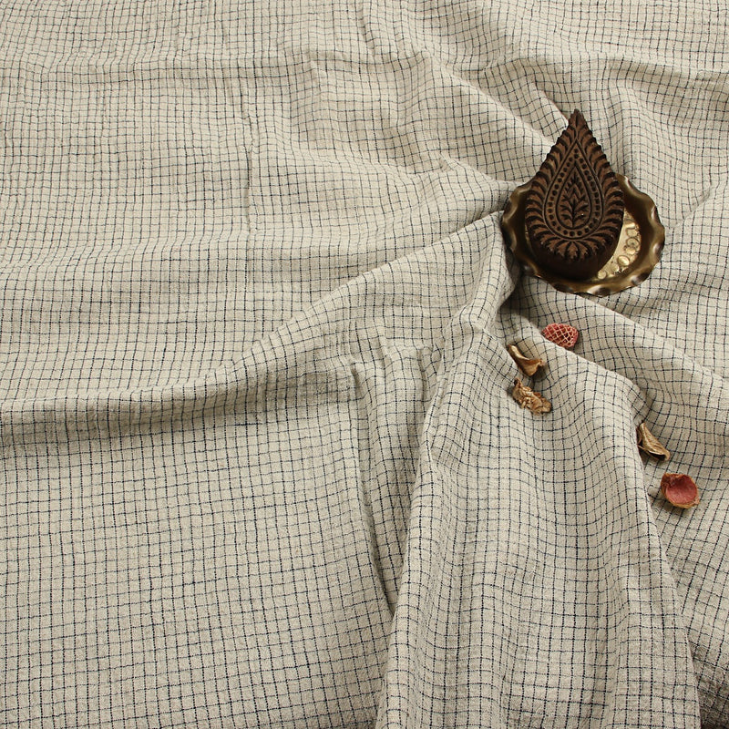 White & Indigo Checks Handwoven Kala Cotton Fabric
