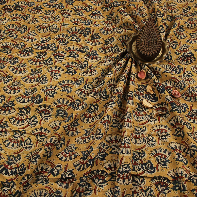 Mustard Aster Floral Kalamkari Hand Block Printed Cotton Fabric