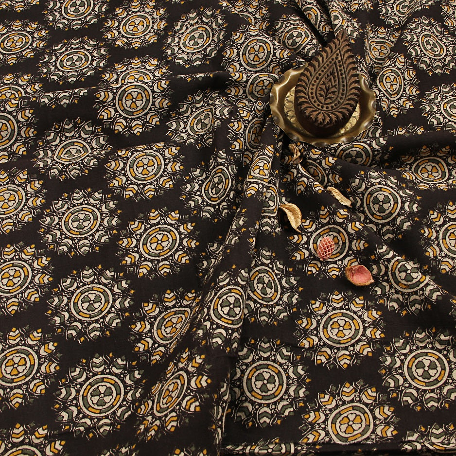 Black - Natural Dyed Hand Block Print Cotton Pedana Kalamkari Fabric 33