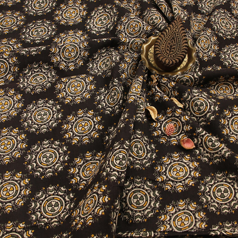 Black Mandala Kalamkari Hand Block Printed Cotton Fabric