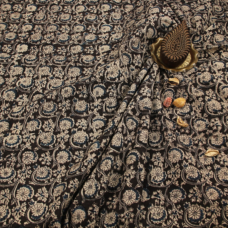Black Marigold Floral Jaal Kalamkari Hand Block Printed Cotton Fabric
