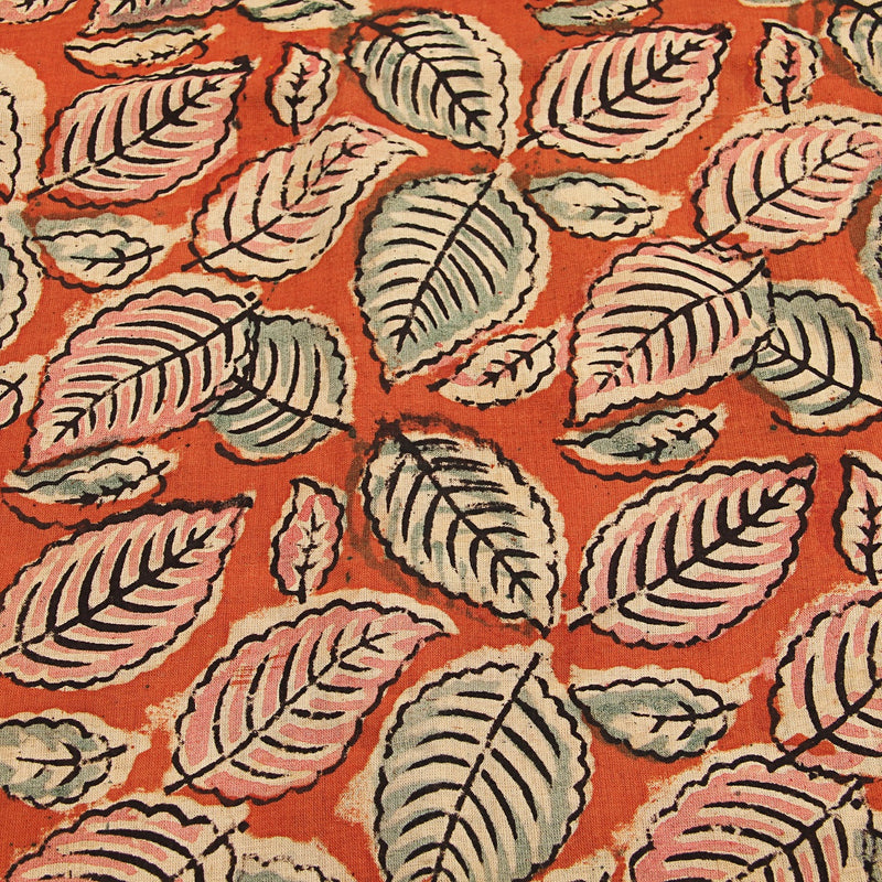 Red Leaf Jaal Kalamkari Hand Block Printed Cotton Fabric
