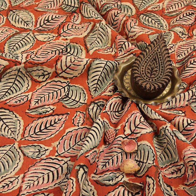 Red Leaf Jaal Kalamkari Hand Block Printed Cotton Fabric