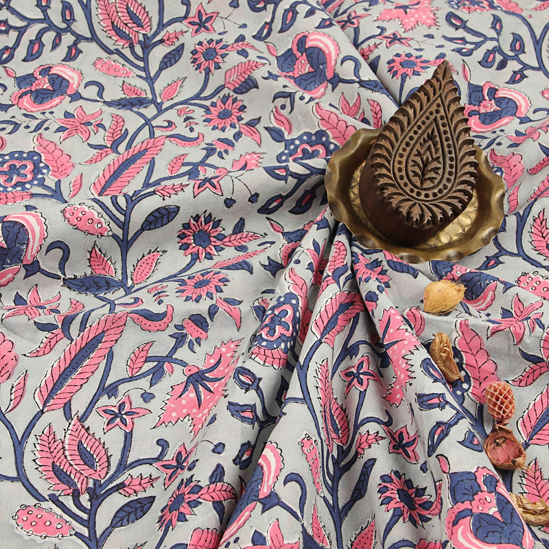 Indigo Pink Tropical Floral Jaal Sanganeri Hand Block Printed Cotton Fabric