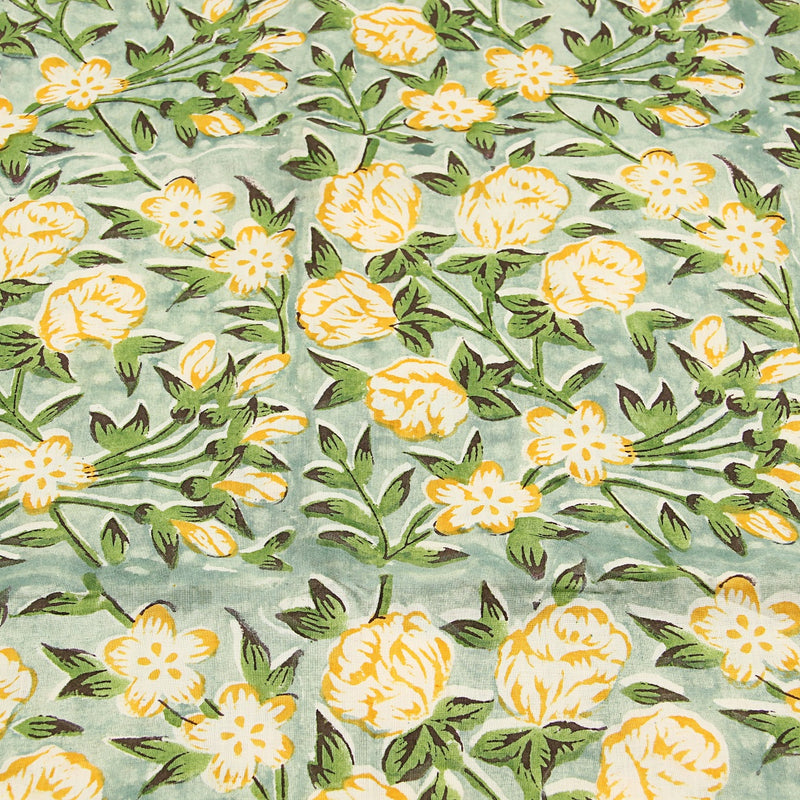 Yellow White Floral Jaal Sanganeri Hand Block Printed Cotton Fabric