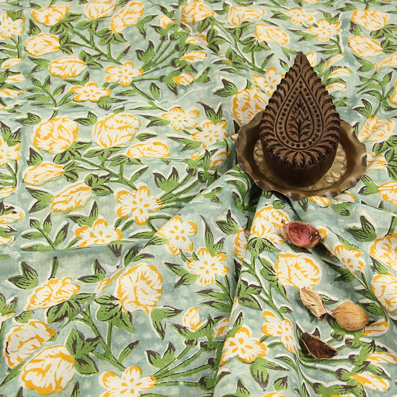 Yellow White Floral Jaal Sanganeri Hand Block Printed Cotton Fabric