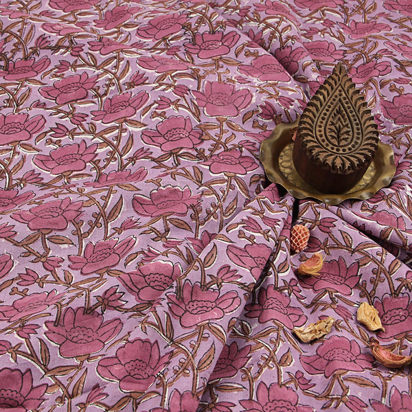 Pink Floral Jaal Sanganeri Hand Block Printed Cotton Fabric
