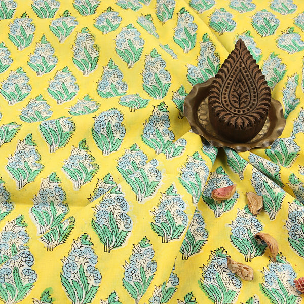 Yellow Floral Bunch Butta Sanganeri Hand Block Printed Cotton Fabric
