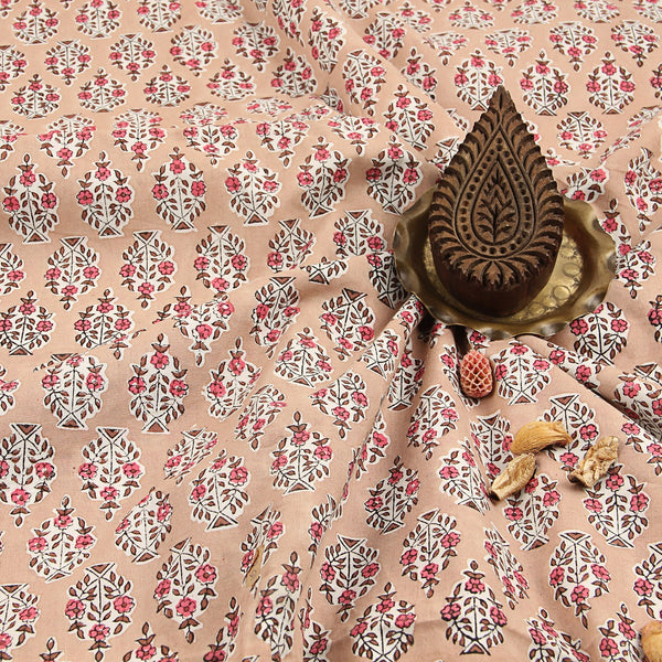 Peach Floral Bunch Butta Sanganeri Hand Block Printed Cotton Fabric