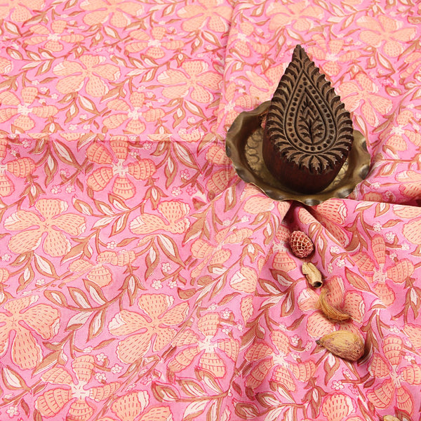 Peach Pink Floral Sanganeri Hand Block Printed Cotton Fabric
