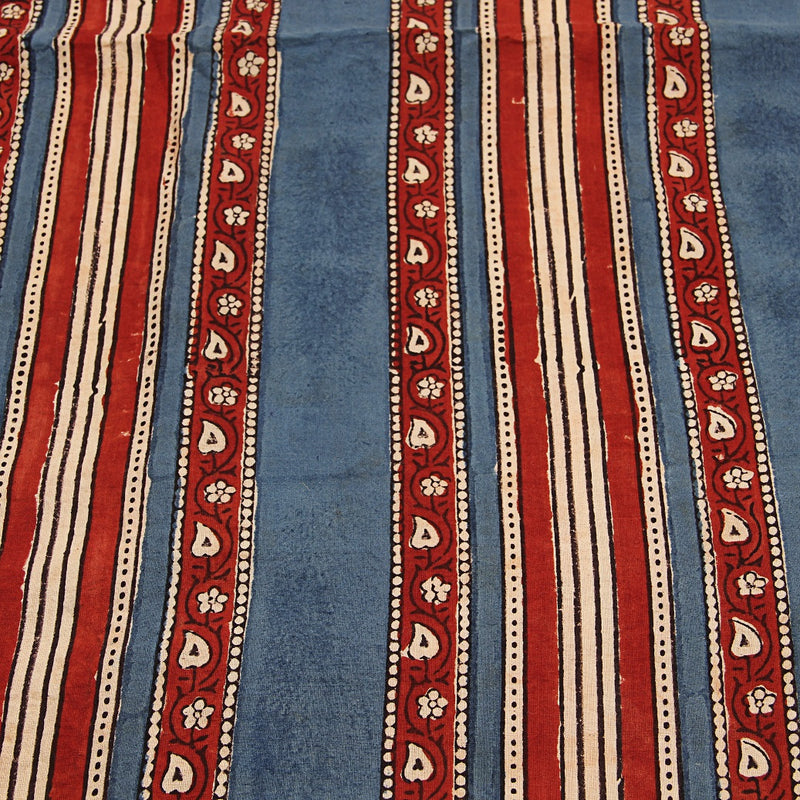Red Indigo Border Ajrakh Hand Block Printed Cotton Fabric