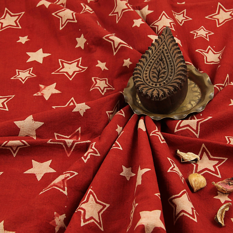 Red & White Star Ajrakh Hand Block Printed Cotton Fabric