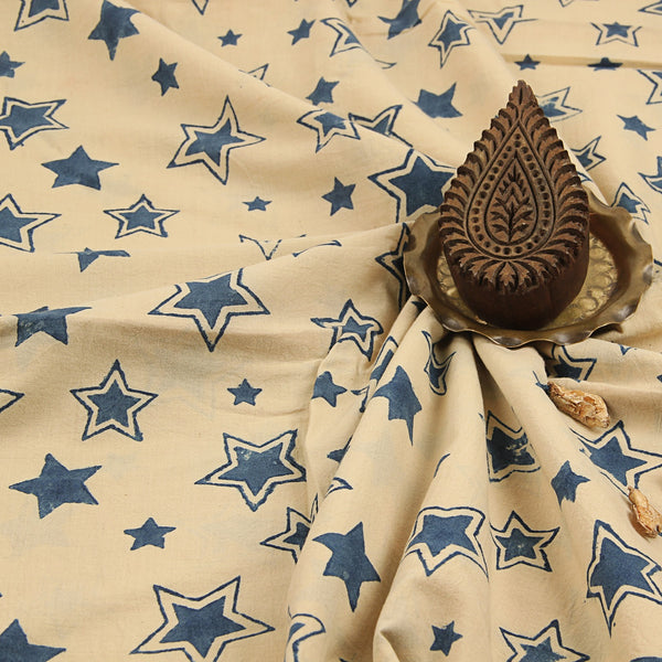 White & Indigo Star Ajrakh Hand Block Printed Cotton Fabric