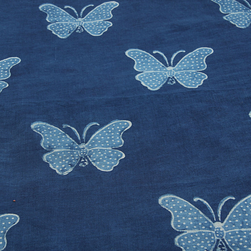 Indigo Butterfly Dabu Hand Block Printed Cotton Fabric